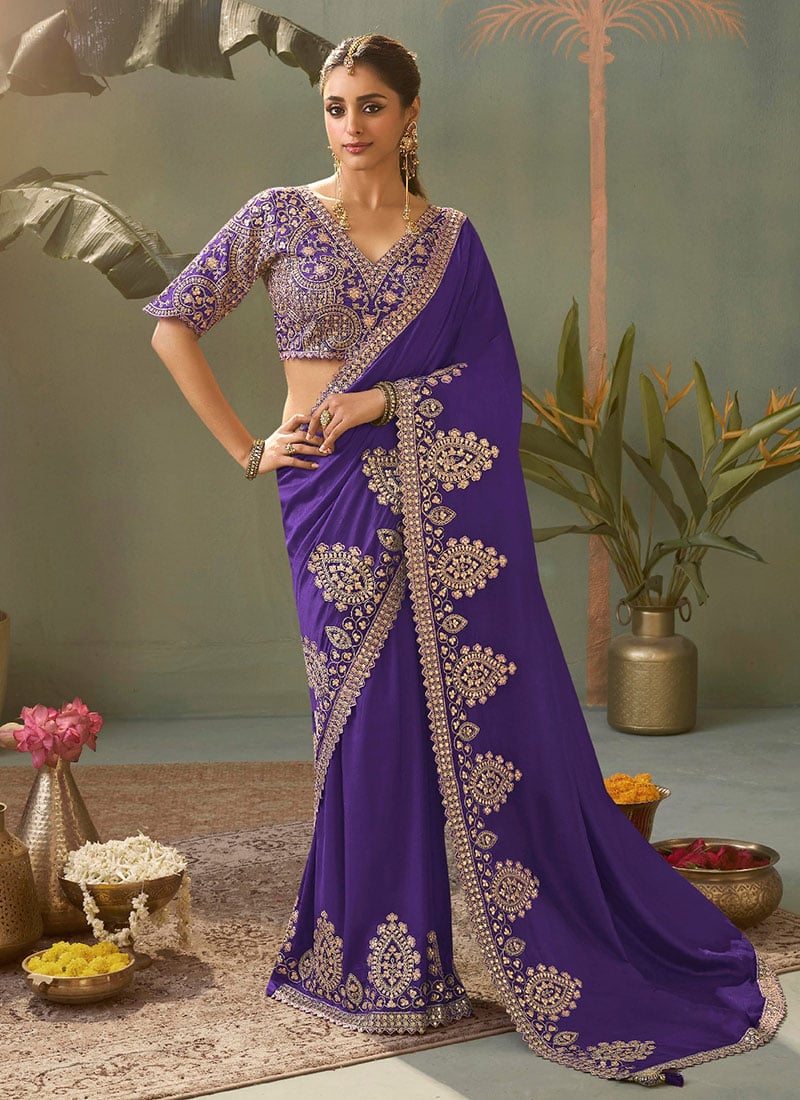 Purple Silk Embroidered Zari Gota Resham Saree Wedding Wear