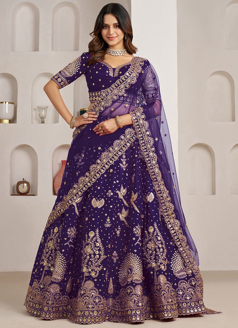 Purple Silk Floral And Bird Embroidered Lehenga Wedding Wear