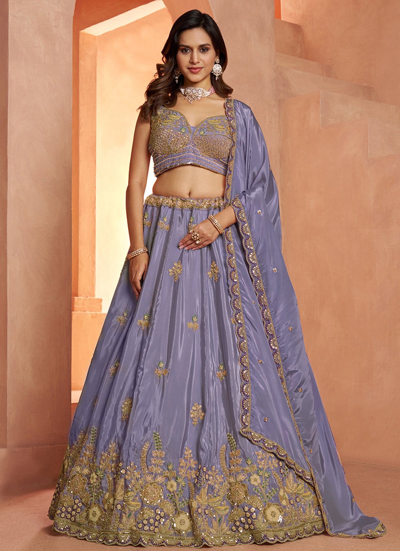 Purple Silk Floral Embroidered Lehenga Wedding Wear