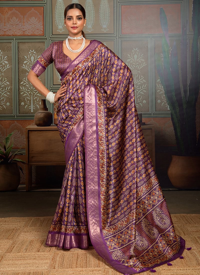 Purple Silk Floral Printed Saree Festive Wear