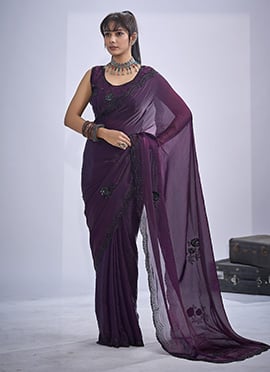 Purple Silk Hand Embroidered Cutdana Sequins Saree