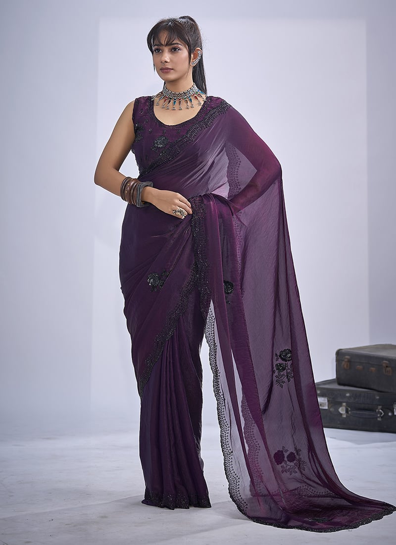 Purple Silk Hand Embroidered Cutdana Sequins Saree After Six Wear