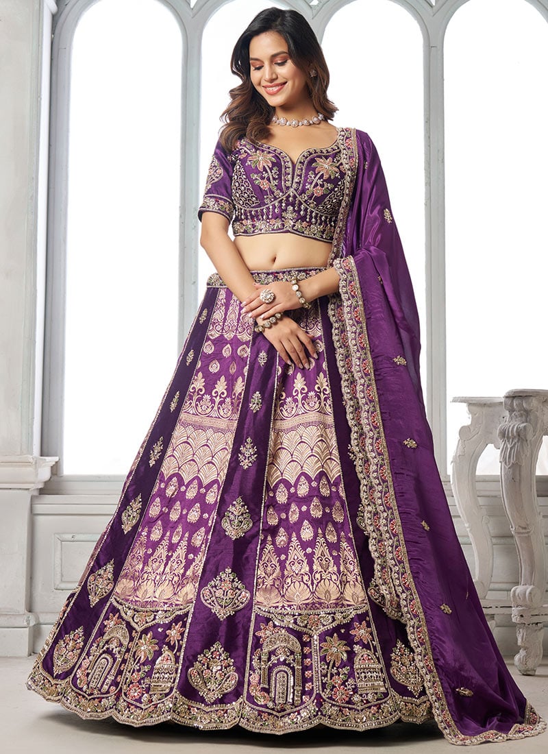 Purple Silk Hand Embroidered Lehenga Wedding Wear