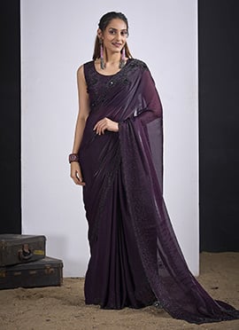 Purple Silk Hand Embroidered Saree