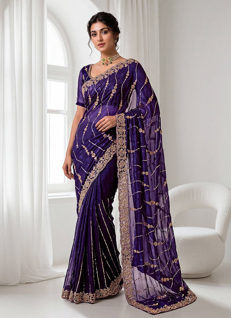 Purple Silk Hand Embroidered Sequins With Stone Cutdana Work Saree Festive Wear