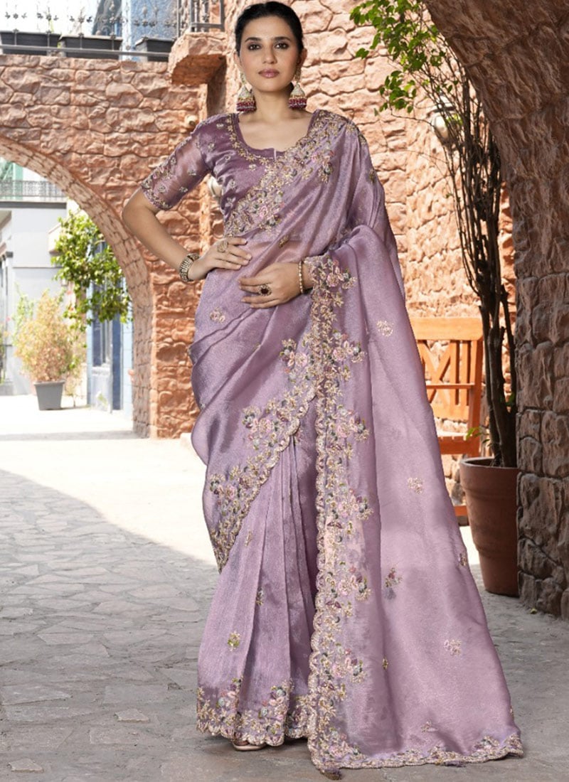 Purple Silk Hand Embroidered Stone And Beads Work Saree
