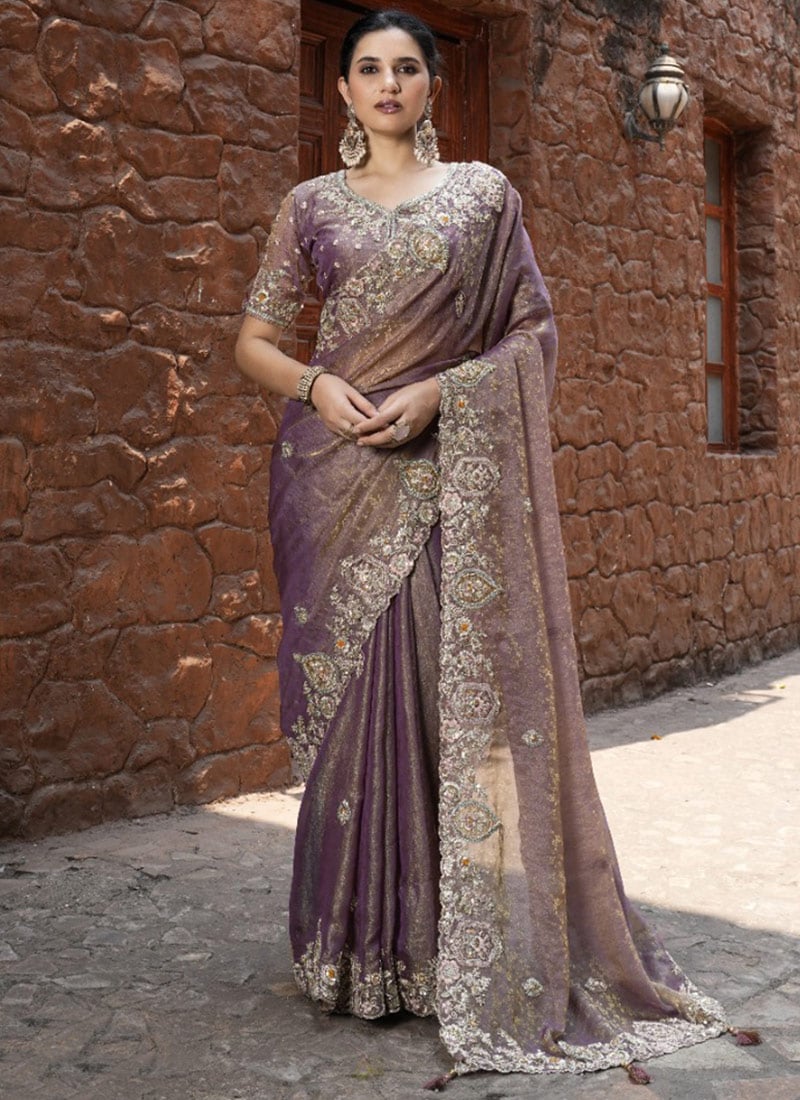 Purple Silk Hand Embroidered Stone And Beads Work Saree