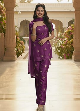 Purple Silk Hand Embroidered Straight Pant Suit