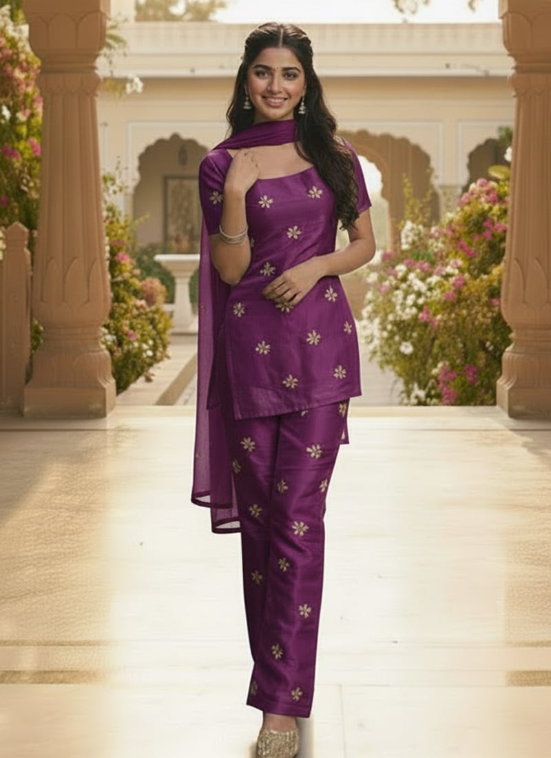 Purple Silk Hand Embroidered Straight Pant Suit Festive Wear