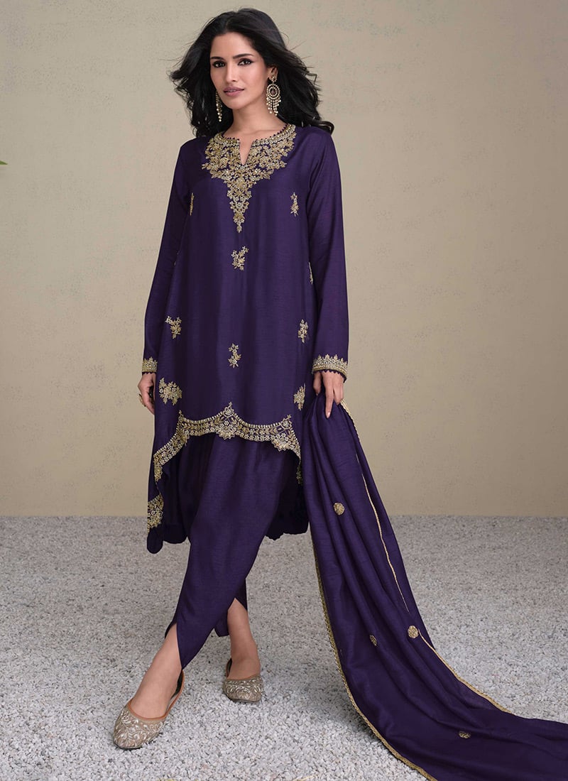 Purple Silk Hand Work Classic Dhoti Suit