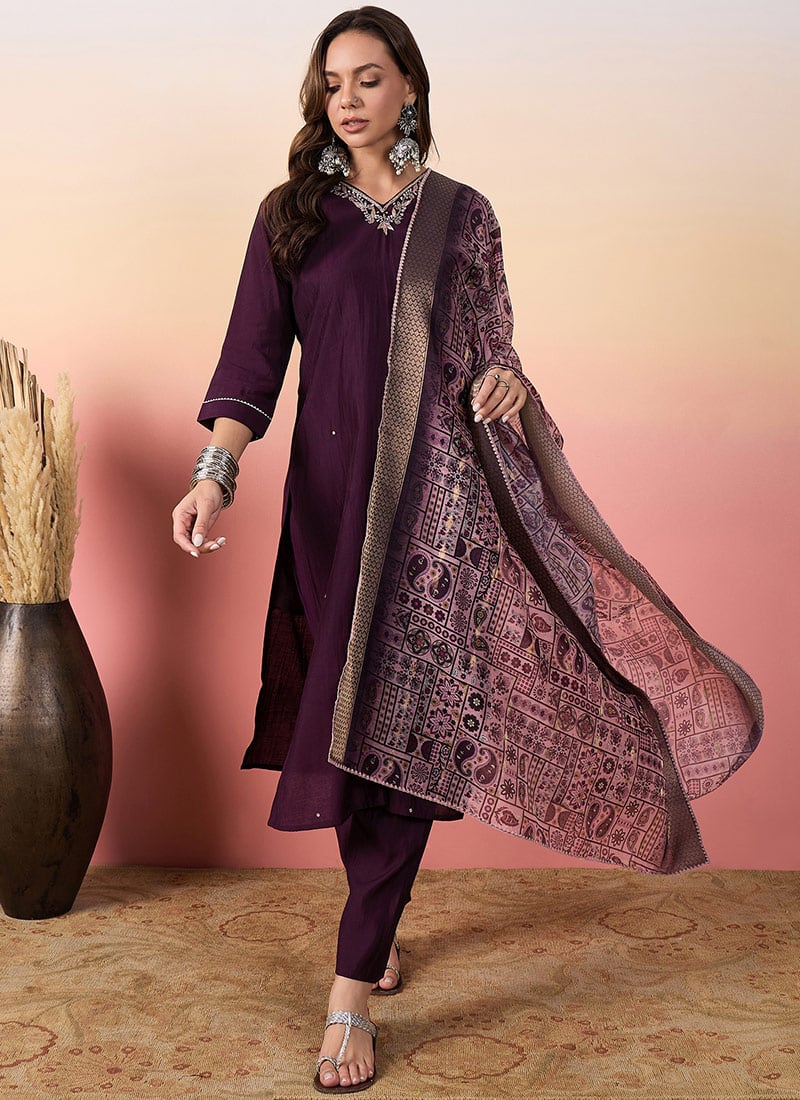 Purple Silk Handloom Beads Work Embroidered Straight Pant Suit