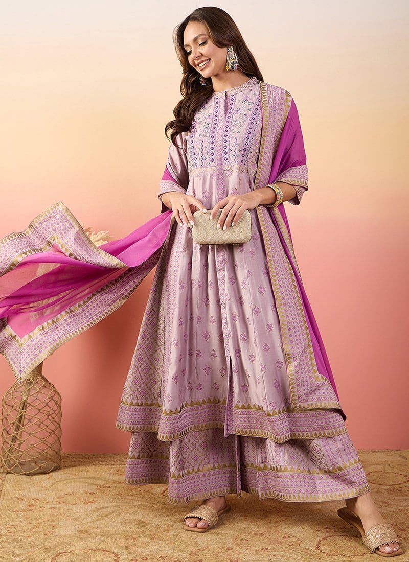 Purple Silk Handloom Embroidered Palazzo Suit