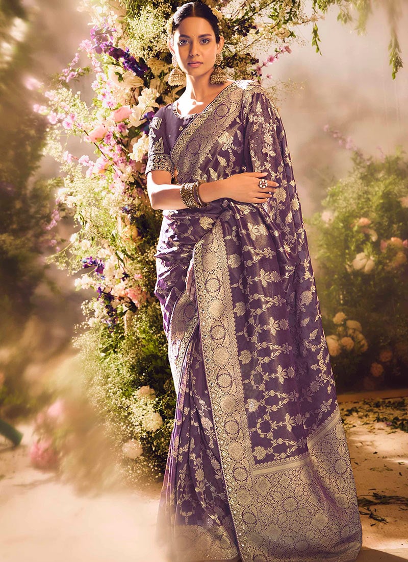 Purple Silk Jacquard Embroidered Gota Zari Woven Saree A Effortless Beauty Wedding Wear-SASLI2579335