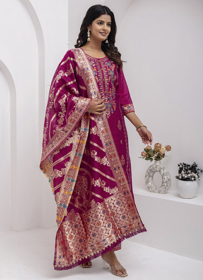 Purple Silk Jacquard Hand Embroidered Woven Straight Pant Suit Festive Wear