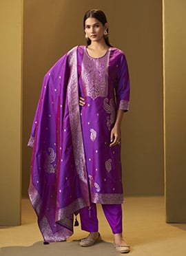 Purple Silk Jacquard Straight Pant Suit