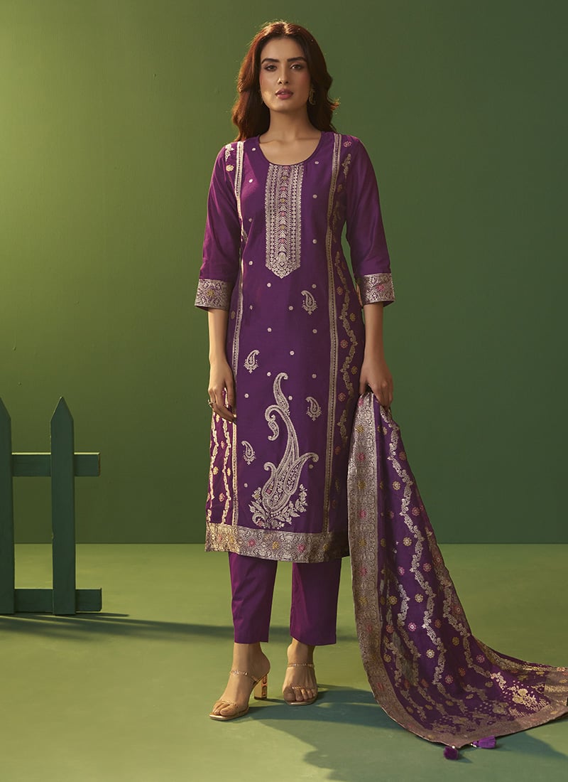 Purple Silk Jacquard Straight Pant Suit After Six Wear