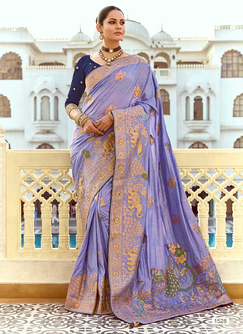 Purple Silk Jacquard Zari Embroidered Beads And Mirror Work Saree