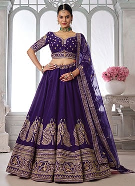 Purple Silk Peacock Motif Embroidered Lehenga