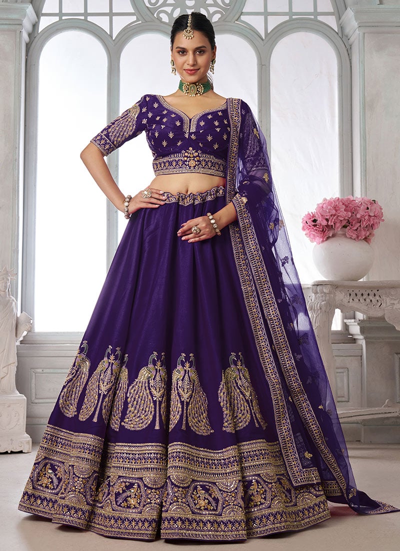 Purple Silk Peacock Motif Embroidered Lehenga Wedding Wear