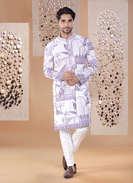 Purple Silk Printed Embroidered Kurta Pyjama