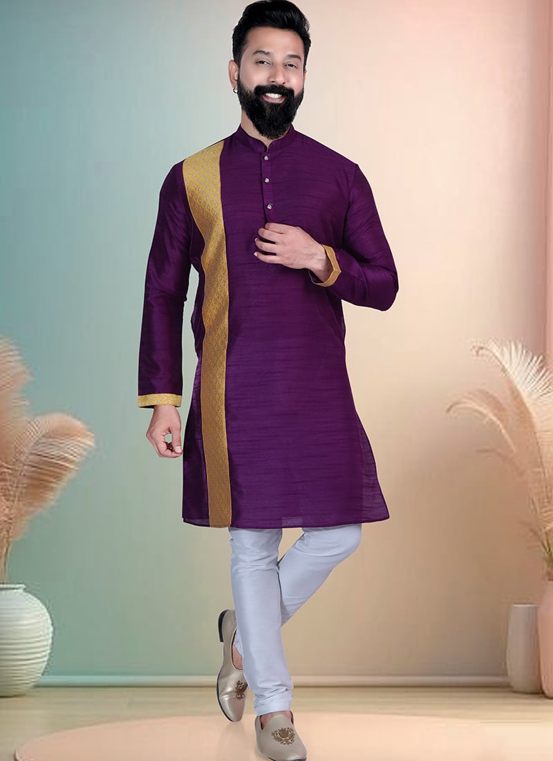 Purple Silk Printed Kurta Pyjama