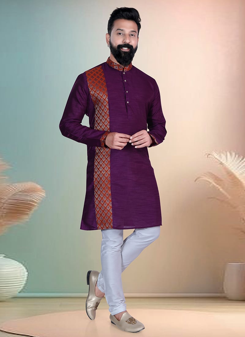 Purple Silk Printed Kurta Pyjama
