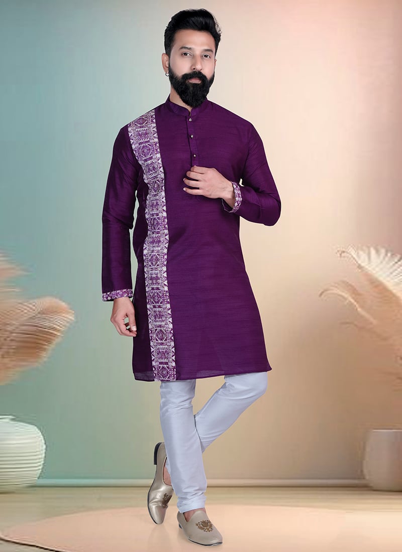 Purple Silk Printed Kurta Pyjama Festive Wear