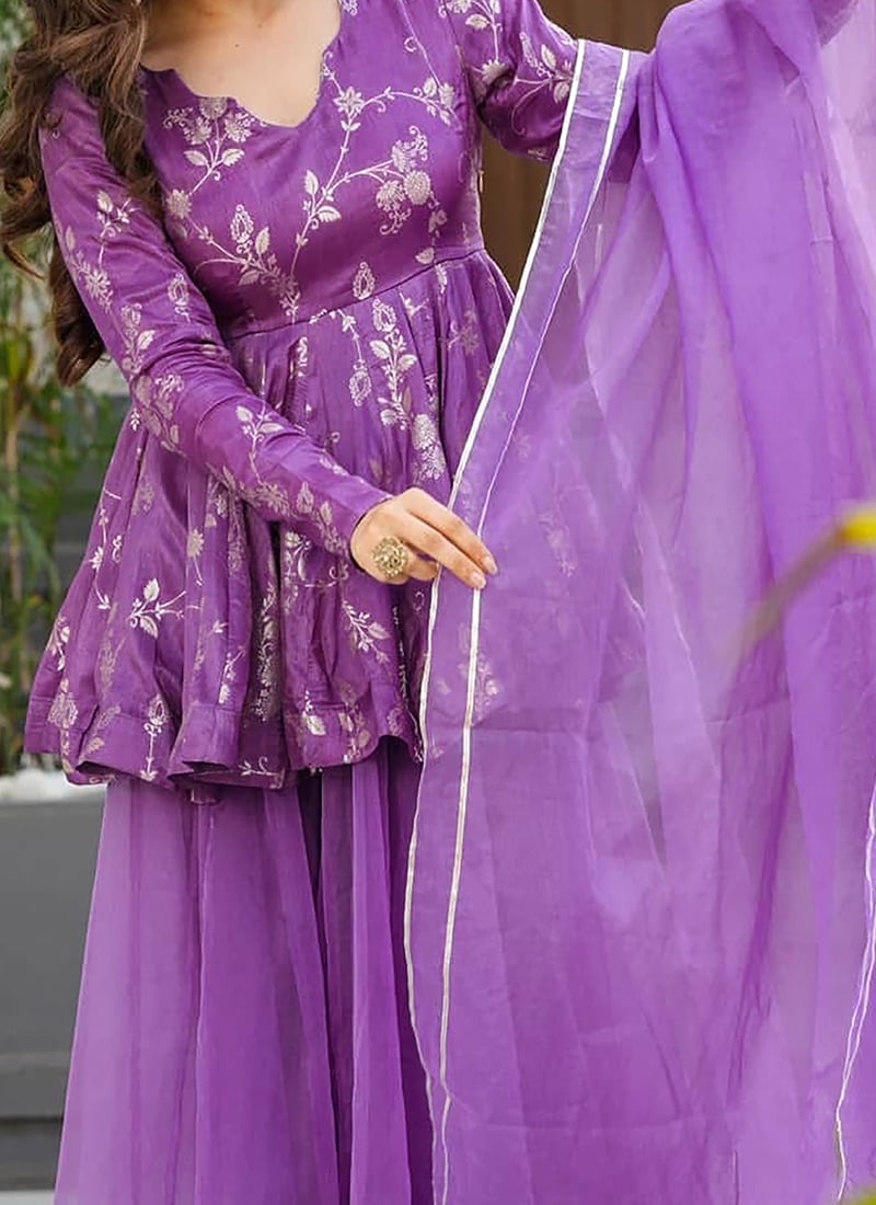 Purple Premium Shimmer Silk Palazzo Style Suit