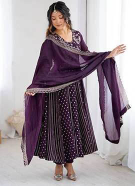 Purple Silk Sequins Embroidered Anarkali Suit