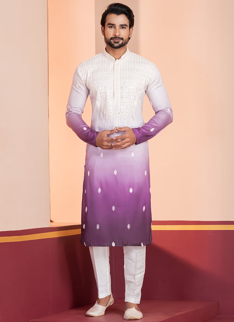 Purple Silk Sequins Embroidered Kurta Pyjama Festive Wear