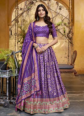 Purple Silk Sequins Embroidered Thread Umbrella Lehenga