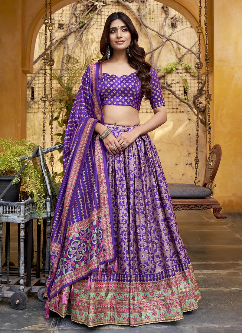 Purple Silk Sequins Embroidered Thread Umbrella Lehenga Wedding Wear