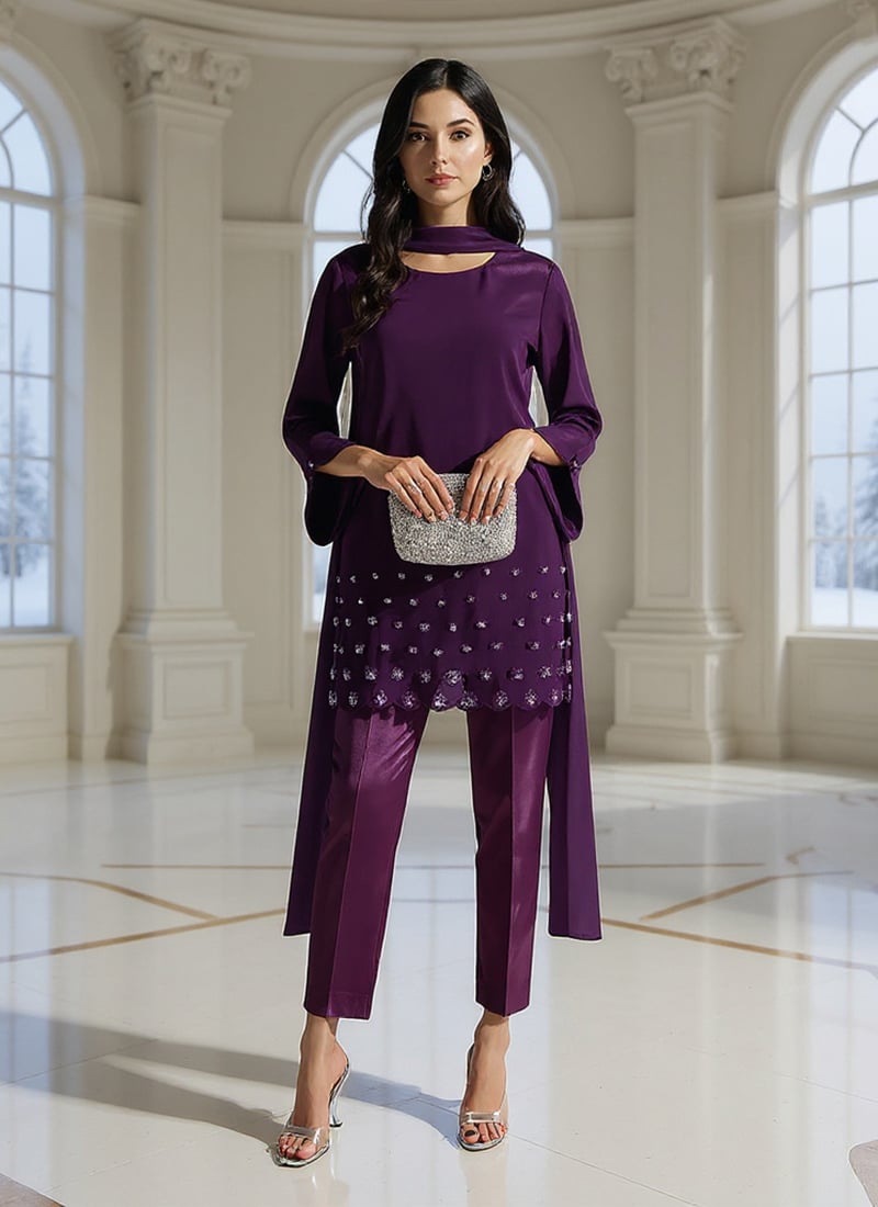 Purple Silk Sequins Hand Embroidered Straight Pant Suit Festive Wear
