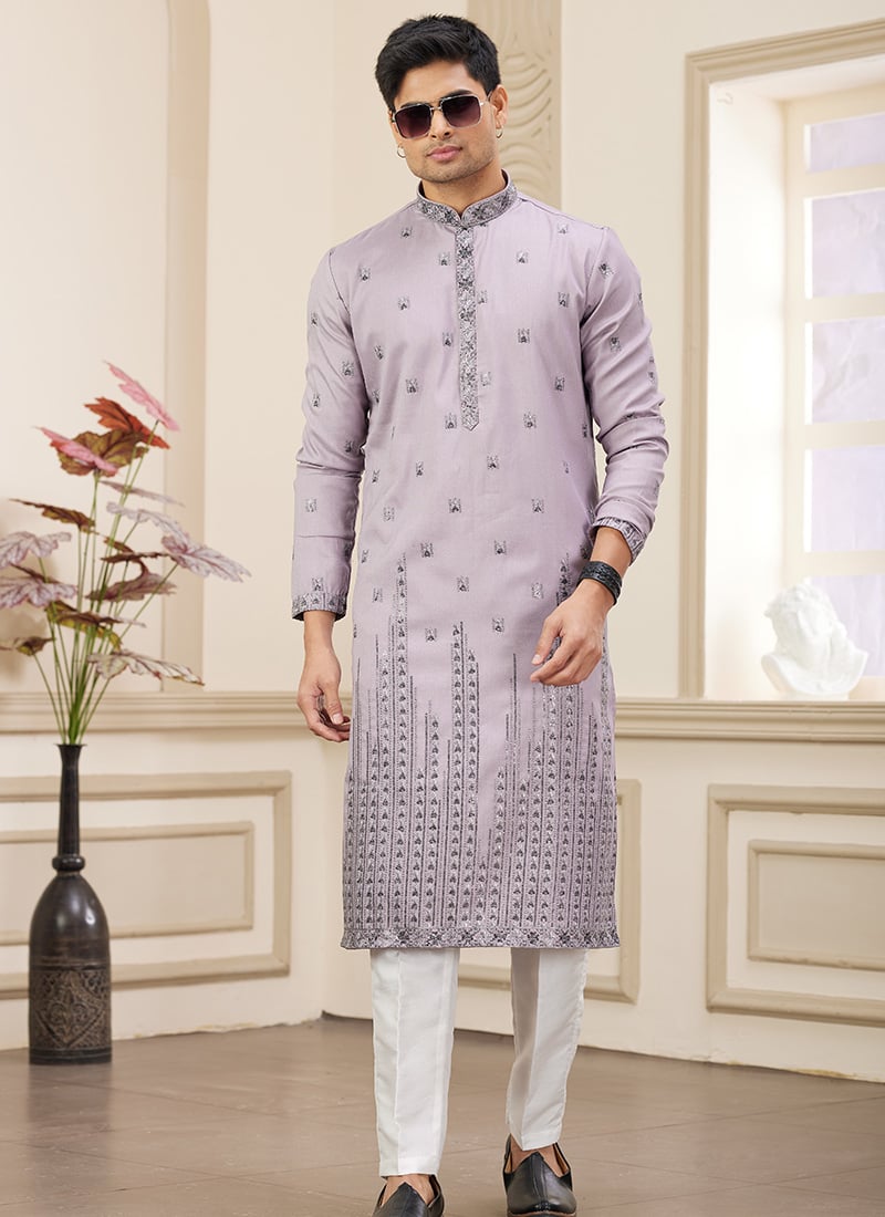 Purple Silk Sequins Kurta Pyjama Festive Wear