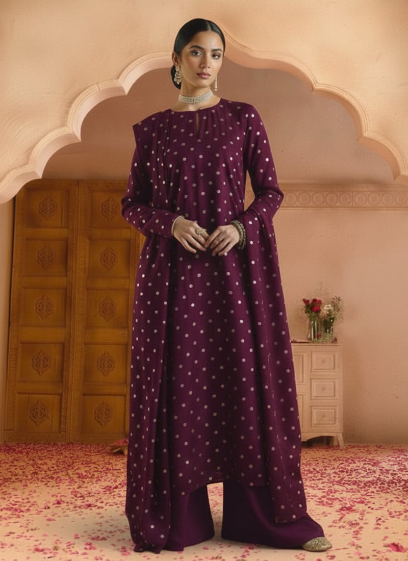 Purple Silk Sequins Palazzo Suit Festive Wear