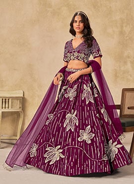 Purple Silk Sequins Umbrella Lehenga
