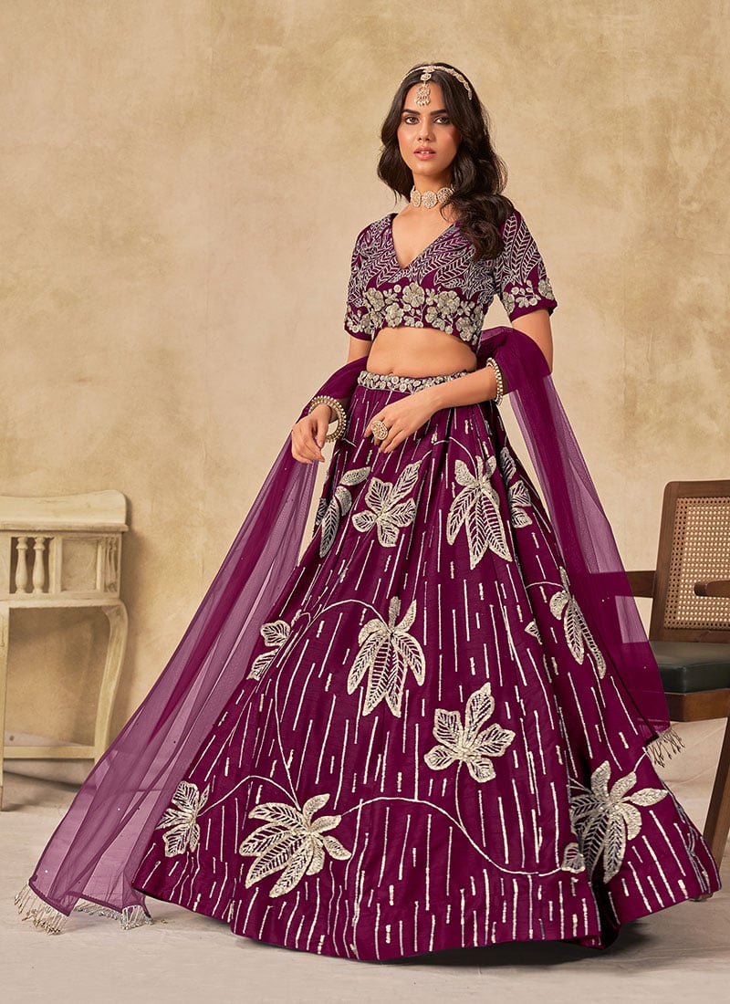 Purple Silk Sequins Umbrella Lehenga Wedding Wear