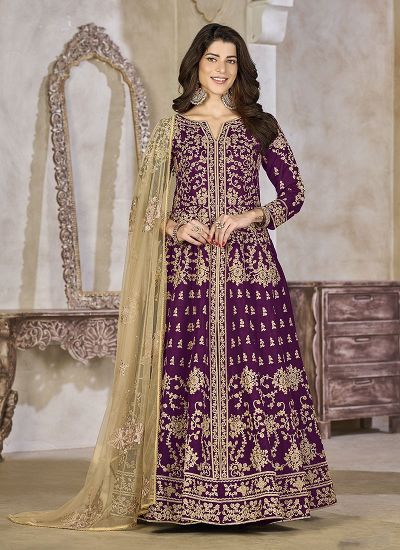Purple Silk Stones Beads Embroidered Anarkali Lehenga Festive Wear