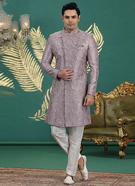 Purple Silk Stones Sequins Embroidered Thread Hand Embroidered Indowestern Sherwani