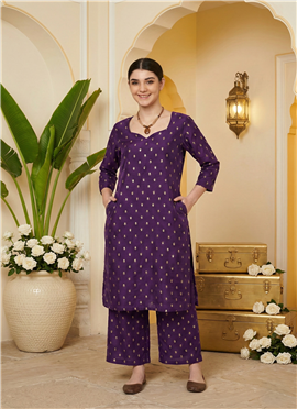 Purple Silk Straight Kurta Set With Subtle Ethnic