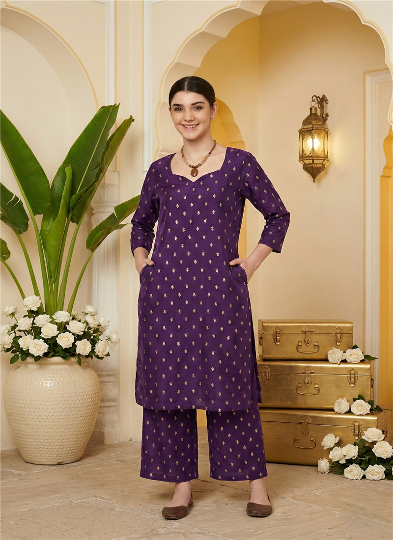 Purple Silk Straight Kurta Set With Subtle Ethnic After Six Wear