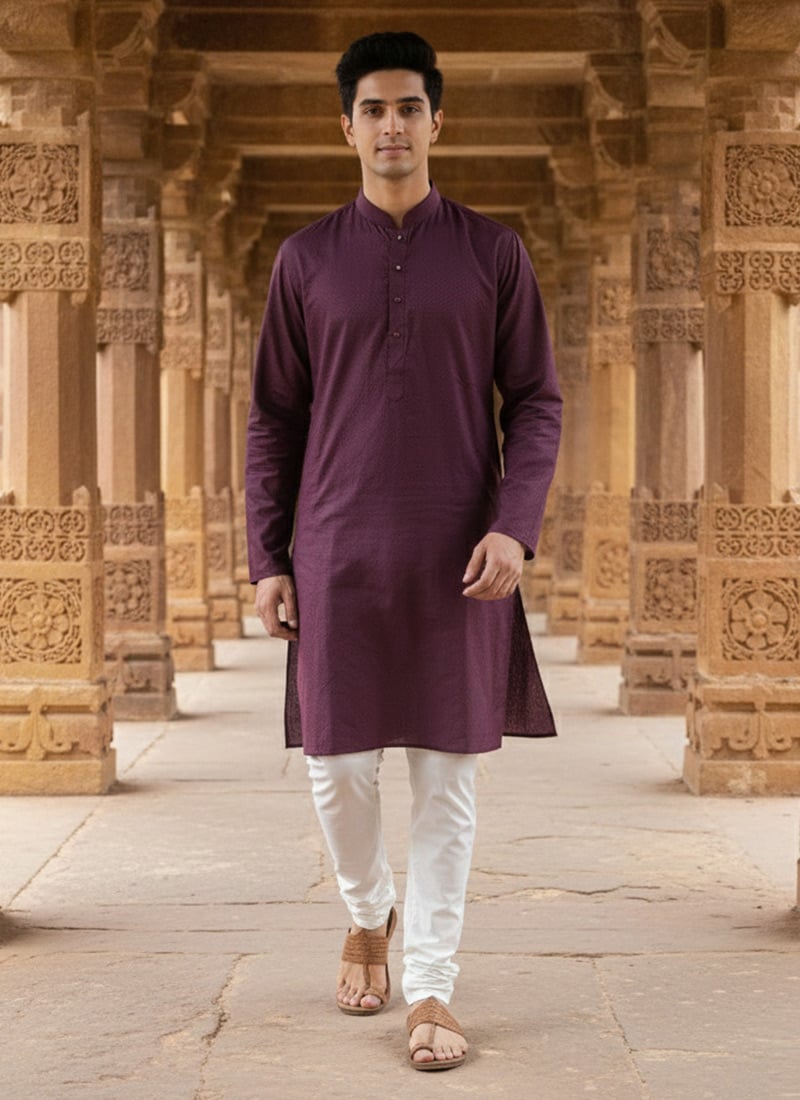 Purple Silk Textured Kurta Pyjama Festive Wear