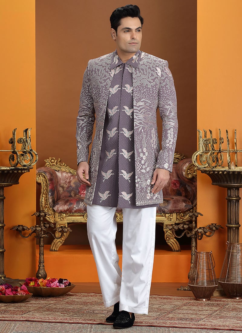 Purple Silk Thread Cutdana Hand Embroidered Indowestern Sherwani Wedding Wear