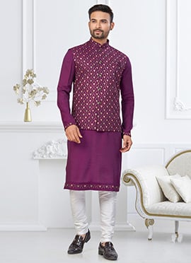 Purple Silk Thread Embroidered Sequins And Zari Bandi Set