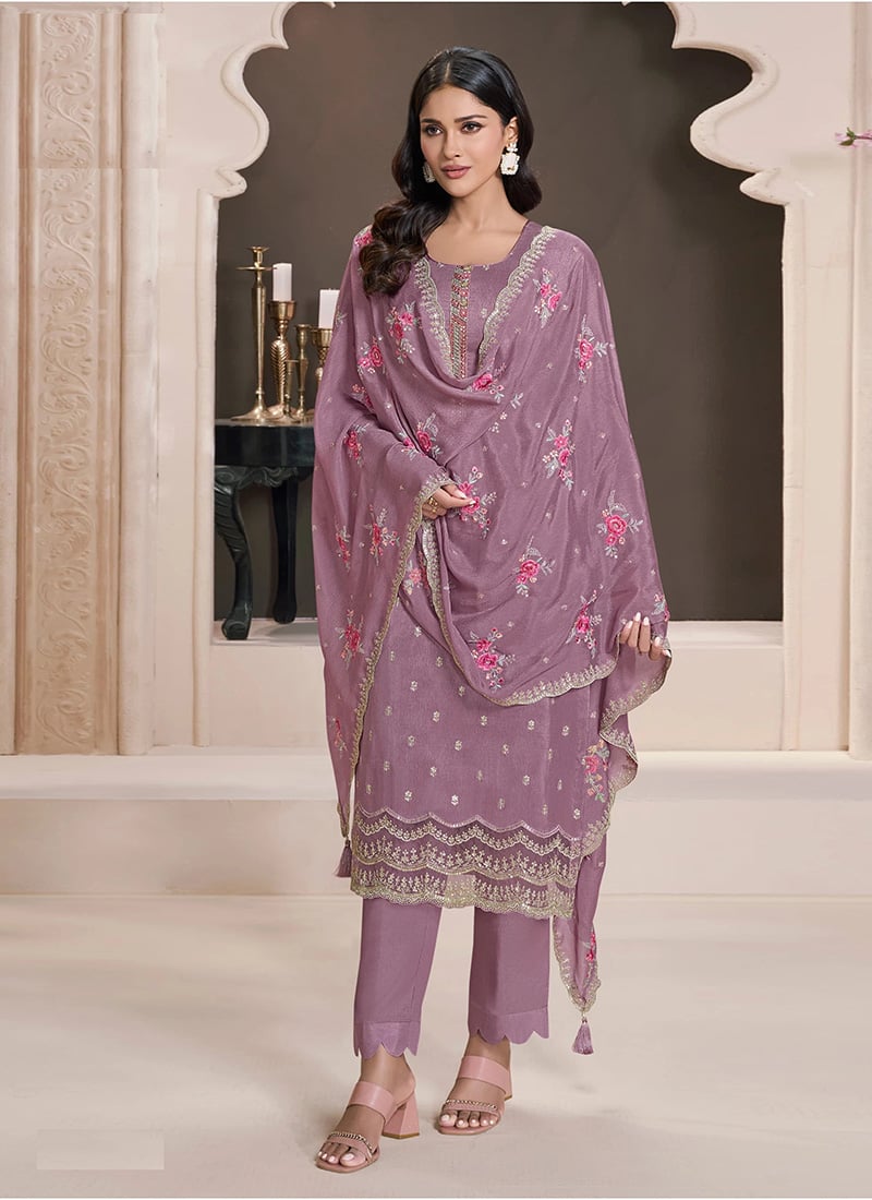 Purple Silk Thread Embroidered Sequins Straight Pant Suit