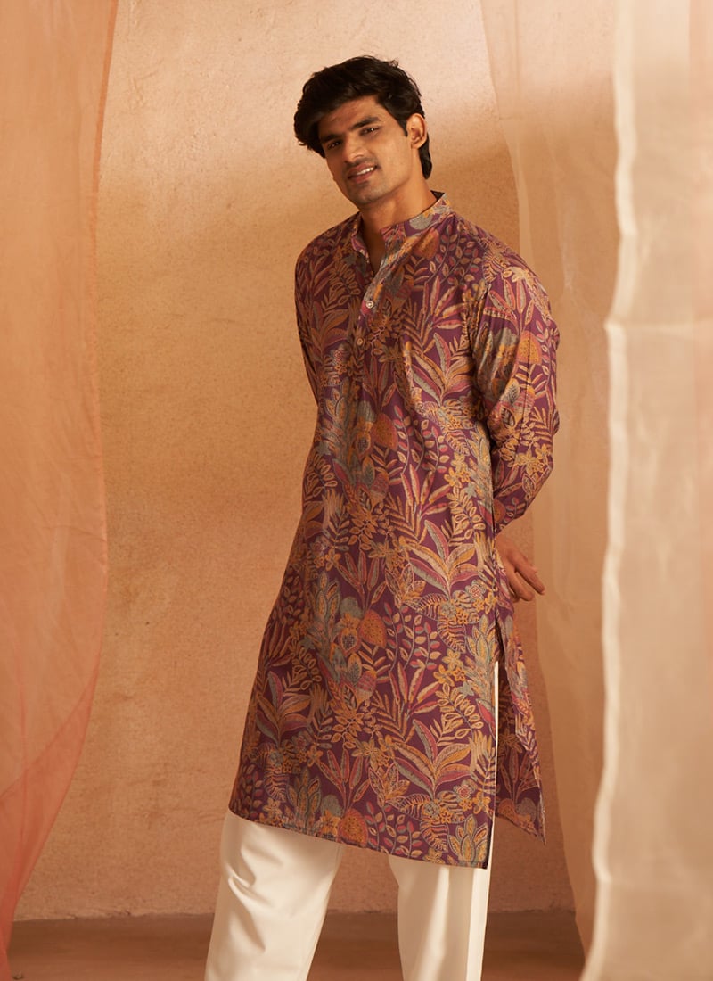Purple Silk Woven Kurta