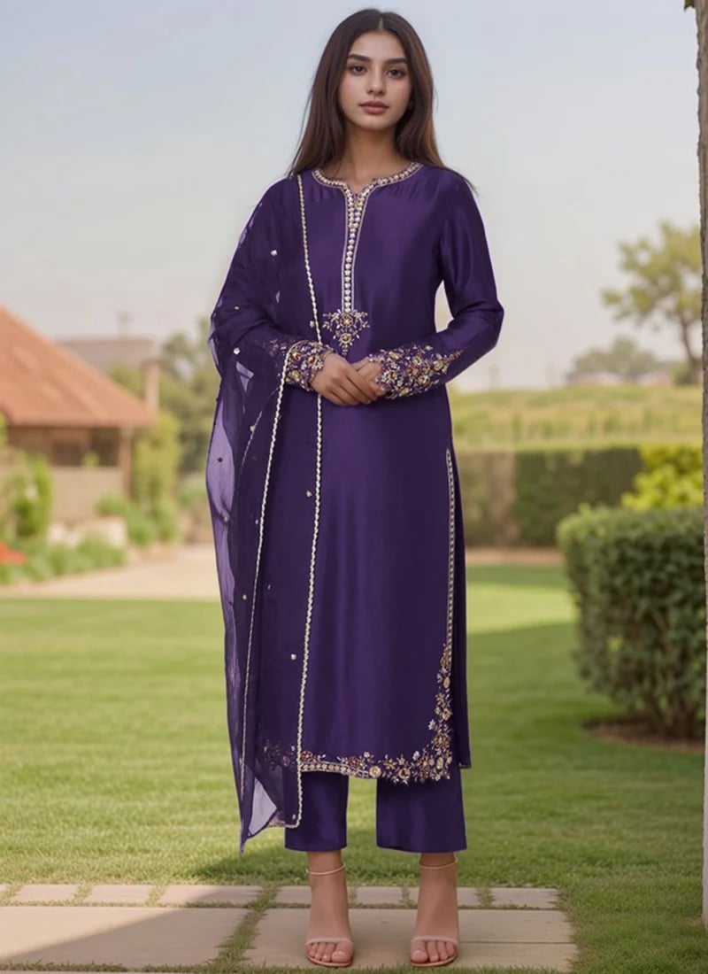 Purple Silk Zardosi Sequins Hand Embroidered Straight Pant Suit Festive Wear