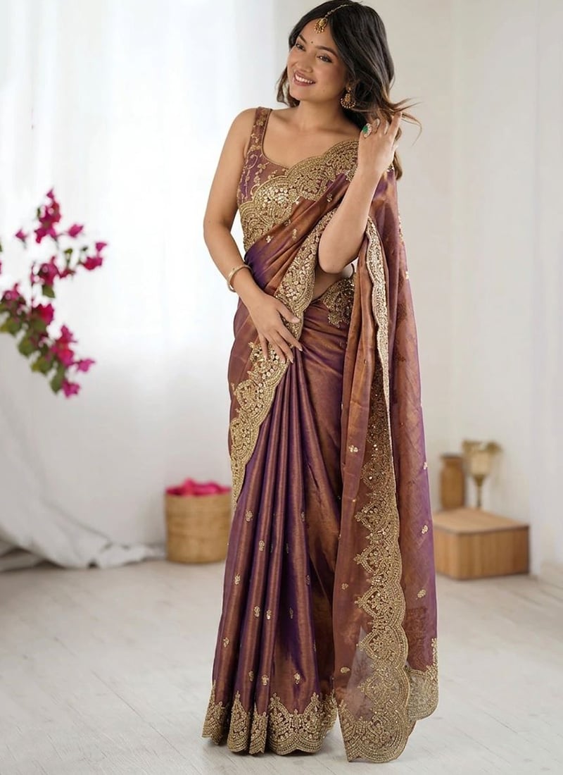 Purple Silk Zari Embroidered Dual Tone Saree Festive Wear