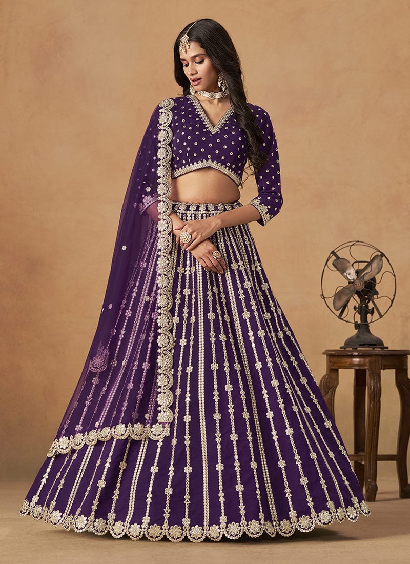 Purple Silk Zari Embroidered Gota Lehenga Wedding Wear