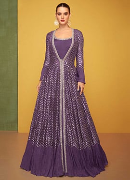 Purple Silk Zari Embroidered Sequins Anarkali Gown With Jacket